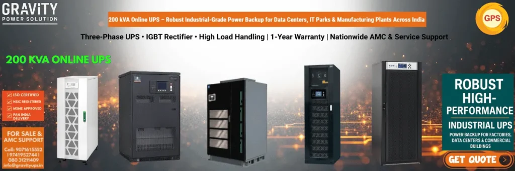 200 kVA Online UPS supplier, manufacturer and dealer in Bangalore and India by Gravity Power Solution for data centers, IT parks and industrial power backup